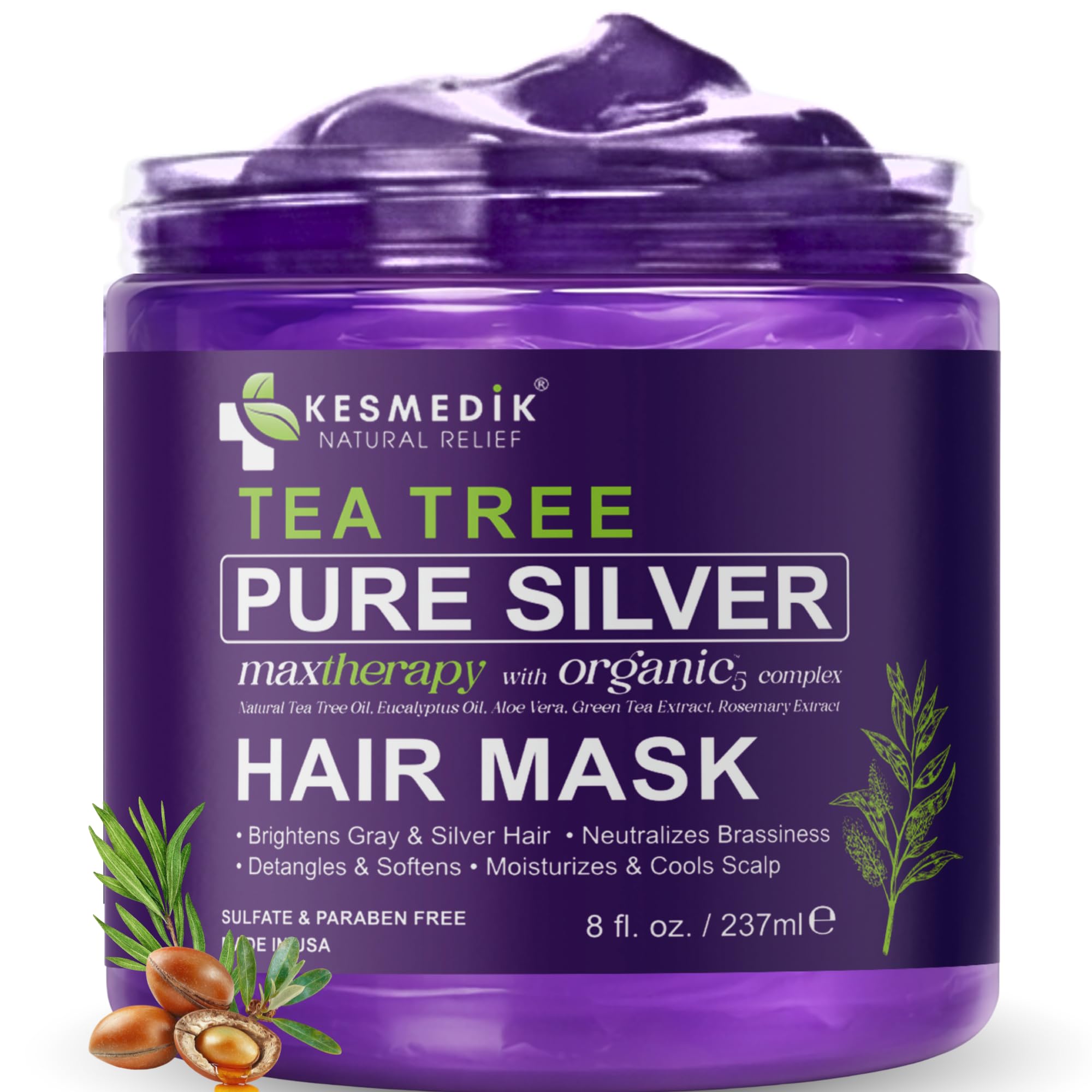 KESMEDIK Tea Tree Purple Hair Mask bottle pour for easy, mess-free application.