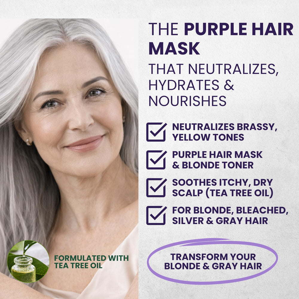 KESMEDIK Tea Tree Purple Hair Mask being applied to hair to reduce brassiness.