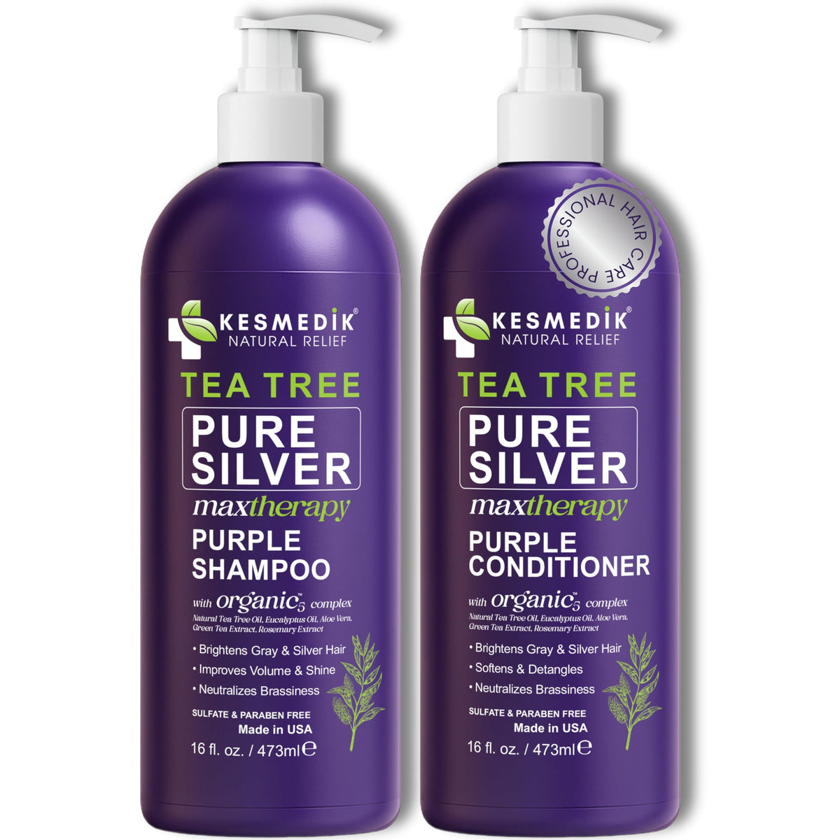 KESMEDIK Tea Tree Purple Shampoo bottle showing toning action for cooler blonde tones