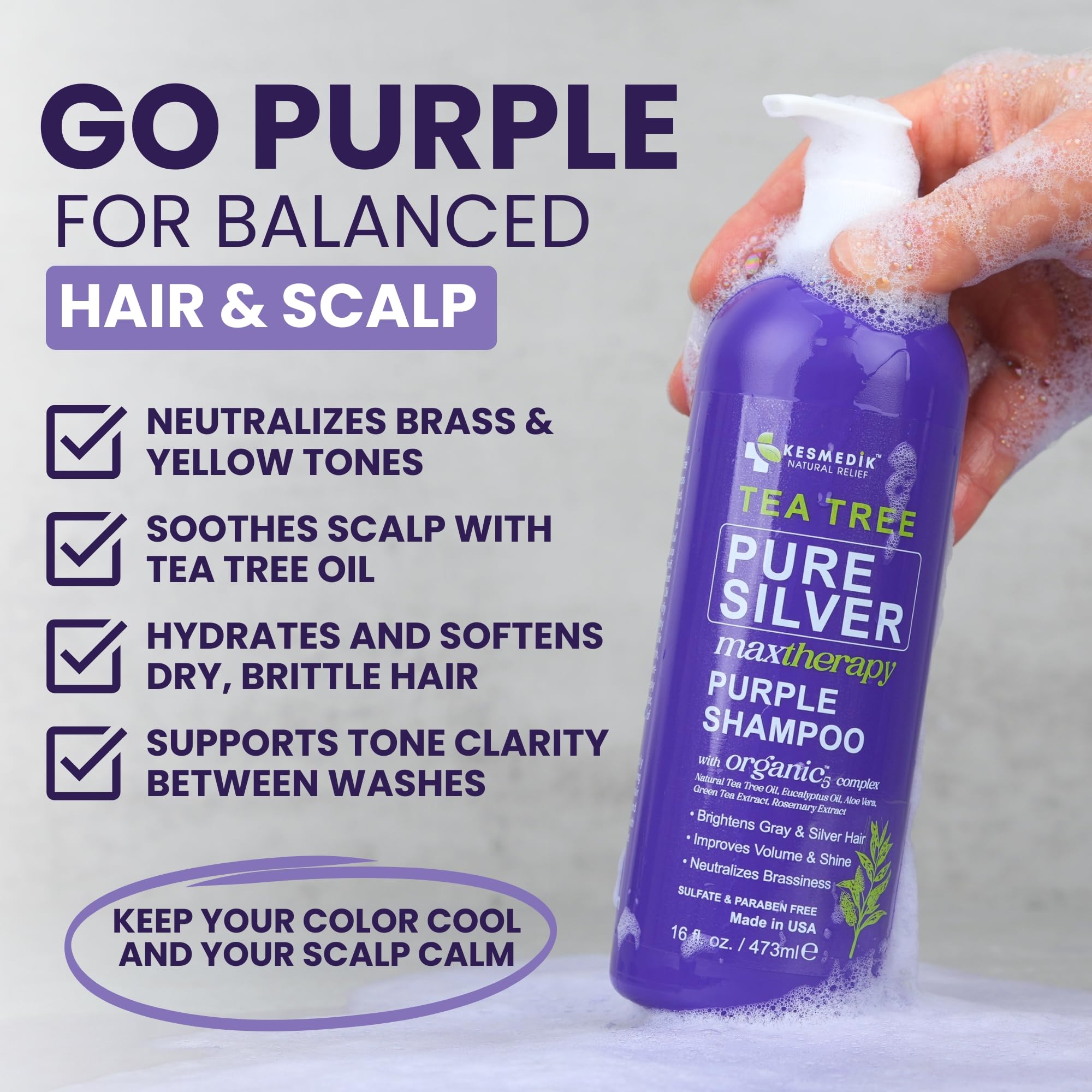 KESMEDIK Tea Tree Purple Shampoo pump bottle demonstrates easy application.