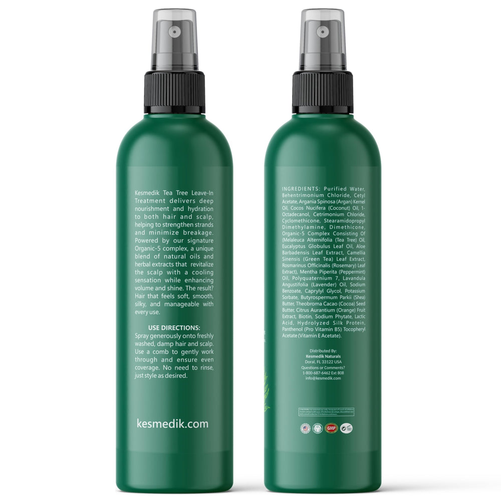 KESMEDIK Tea Tree Rosemary Leave-In Conditioner hands applying spray for conditioning