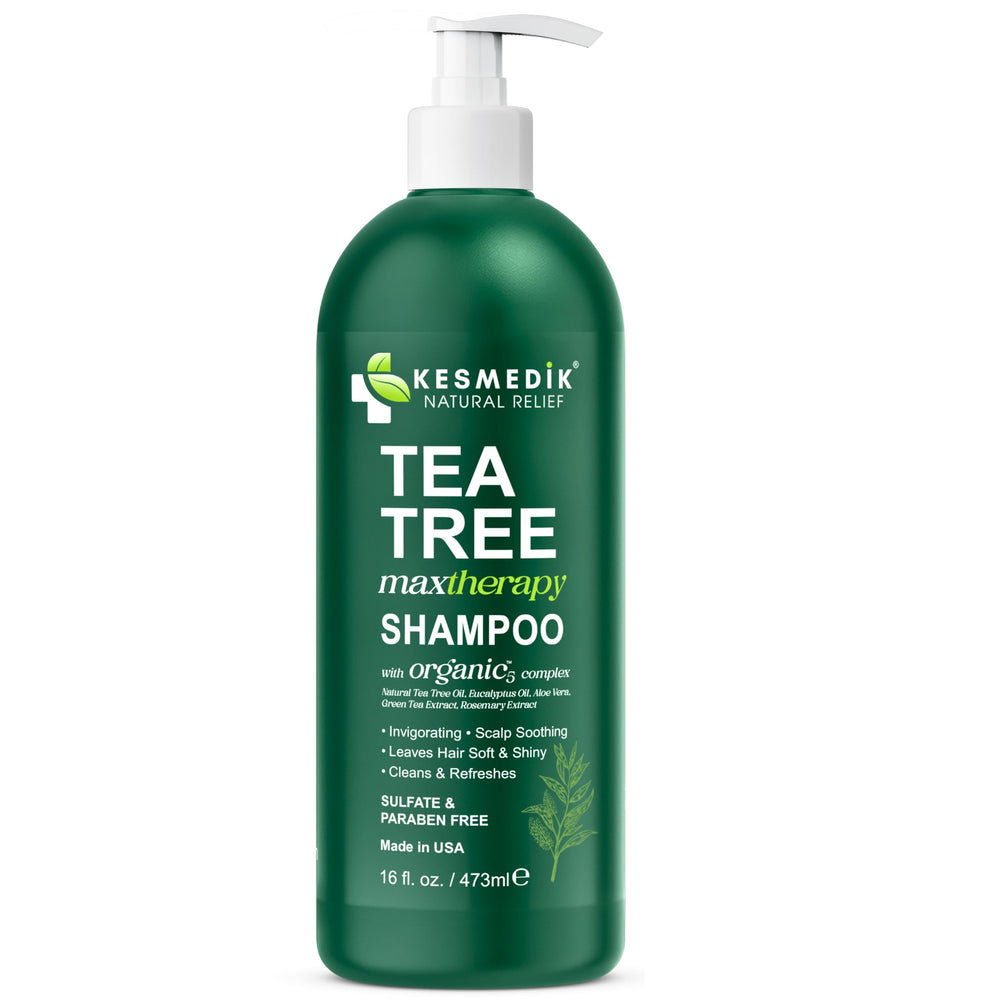 KESMEDIK Tea Tree Shampoo MaxTherapy bottle provides a refreshing clarify for oily hair