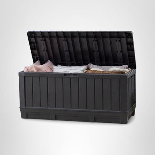 Keter Kentwood 92G deck box dark grey finish complements outdoor decor.