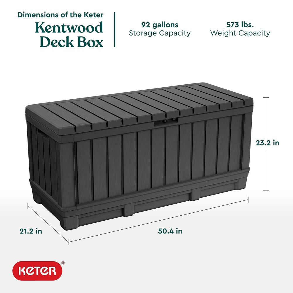 Keter Kentwood 92G deck box interior view reveals 350L capacity for cushions.
