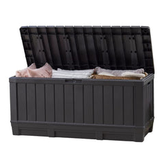 Keter Kentwood 92G deck box with lid closed showing weatherproof storage for cushions.