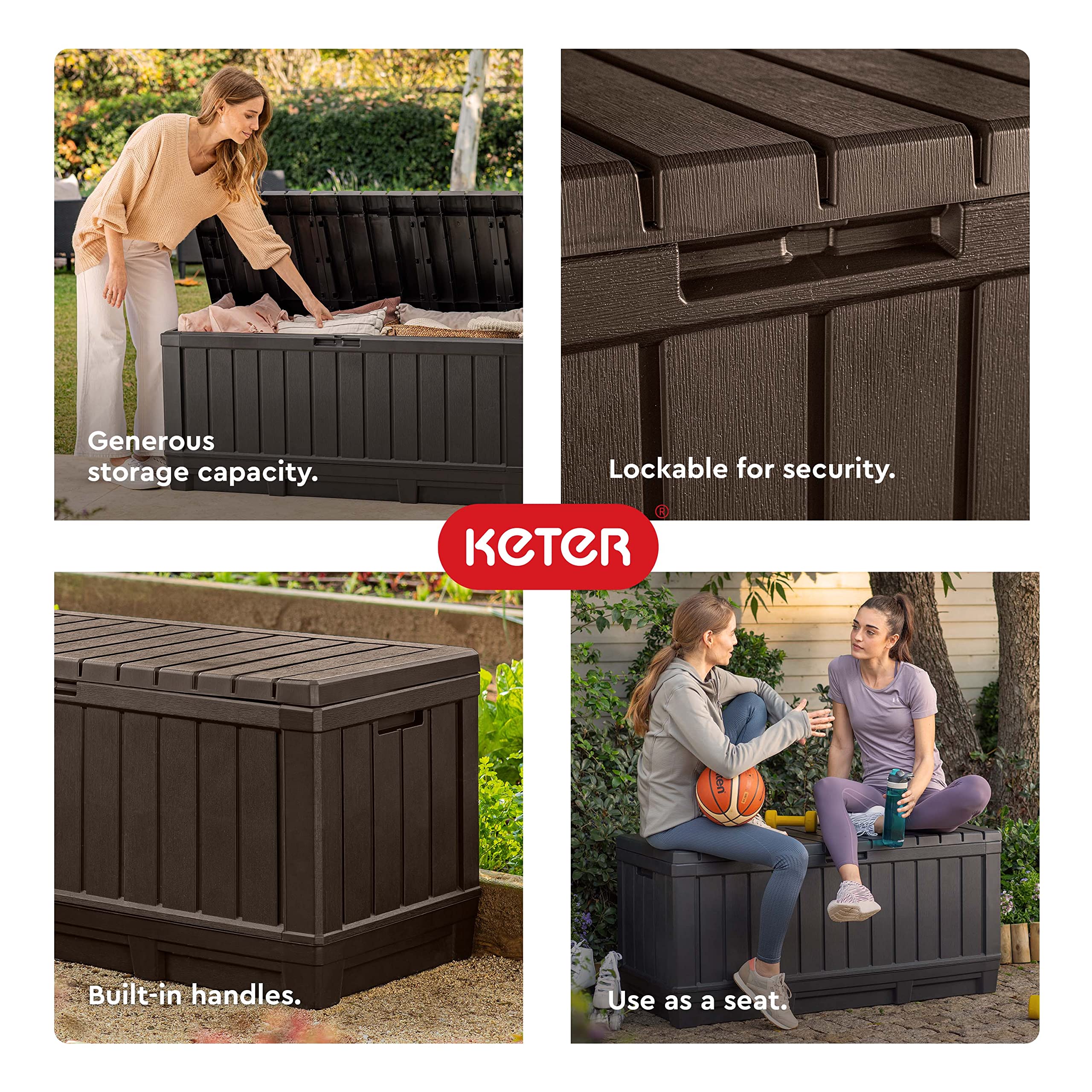Keter Kentwood 92G deck box lockable lid adds security for outdoor items.