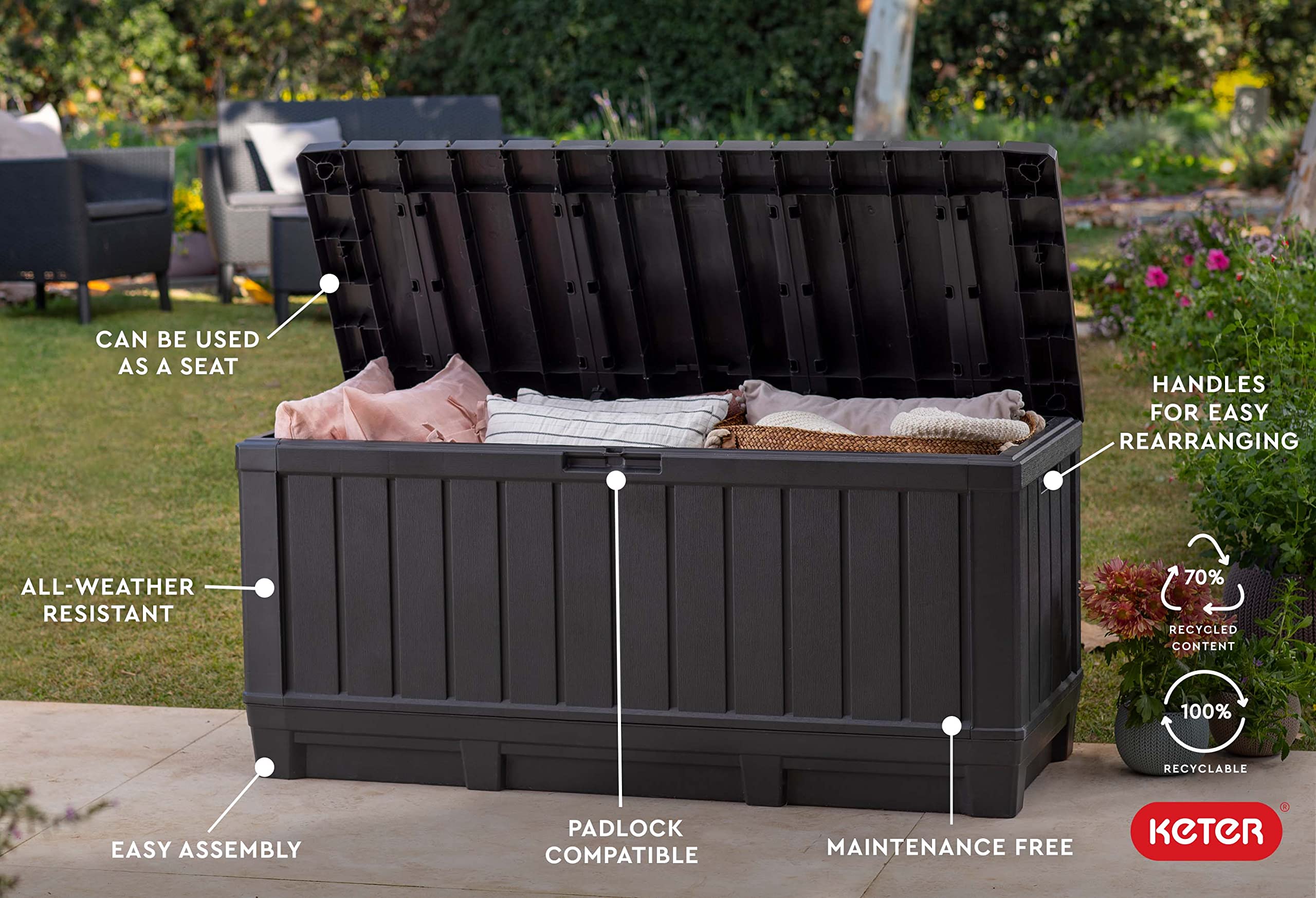 Keter Kentwood 92G deck box resin construction resists rust fading and denting.