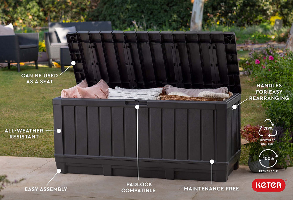 Keter Kentwood 92G deck box resin construction resists rust fading and denting.