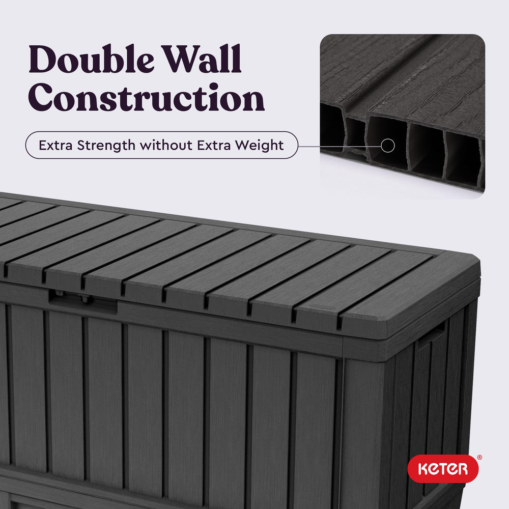 Keter Kentwood 92G deck box wind lock prevents accidental openings.