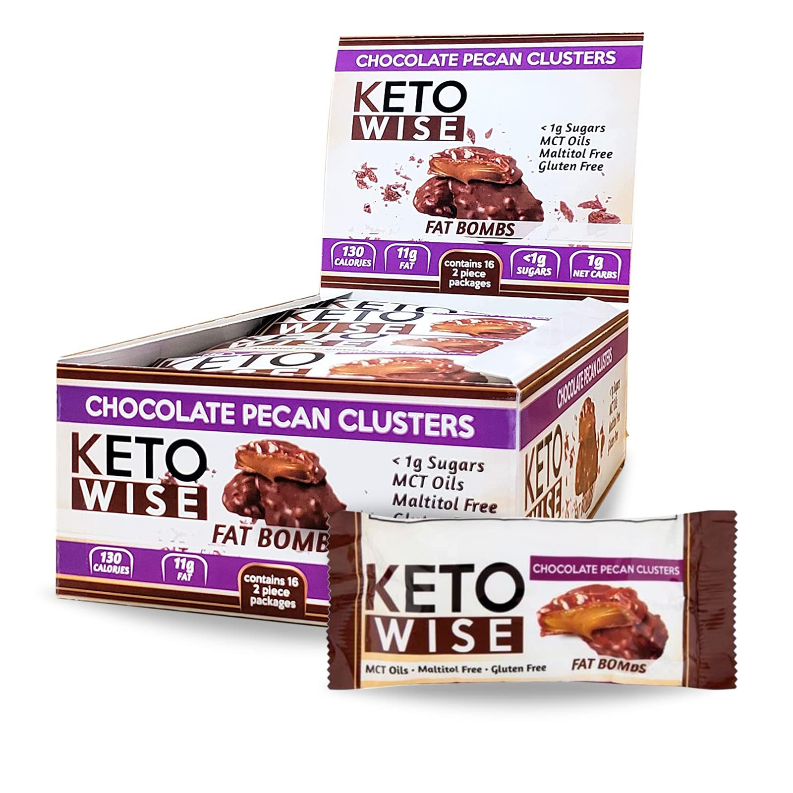 Keto Wise Fat Bombs pack shot showing chocolate pecan clusters for keto-friendly snacking