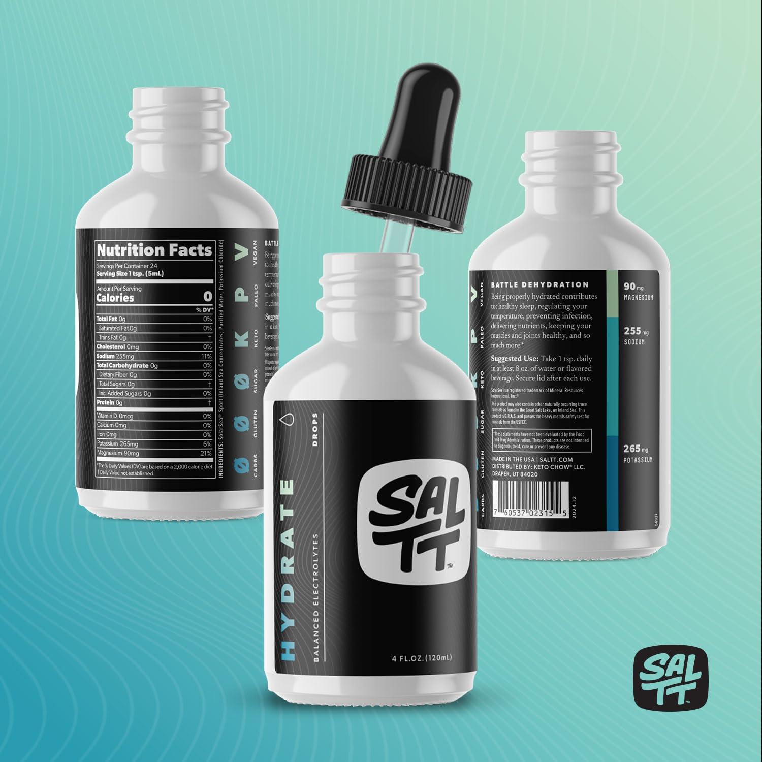 4 oz bottle of SALTT Hydrate for keto-friendly hydration.