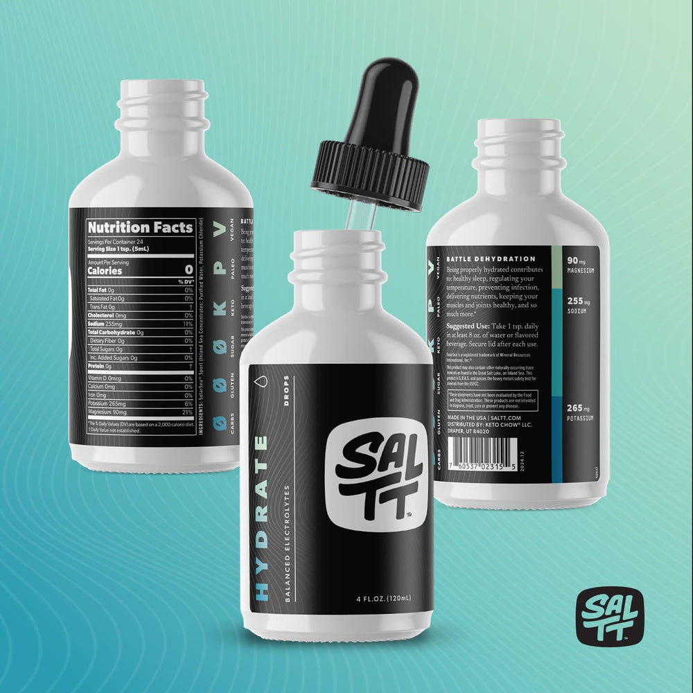 4 oz bottle of SALTT Hydrate for keto-friendly hydration.