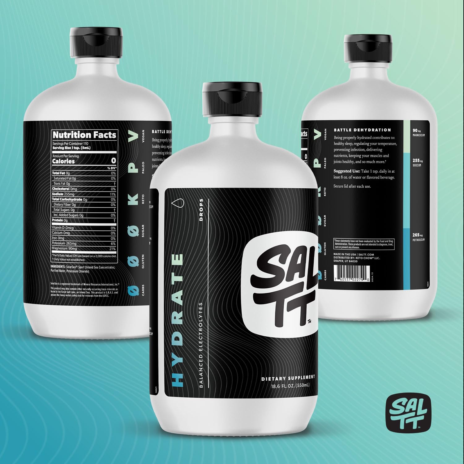 Keto Chow SALTT Hydrate unflavored label showing zero sugar
