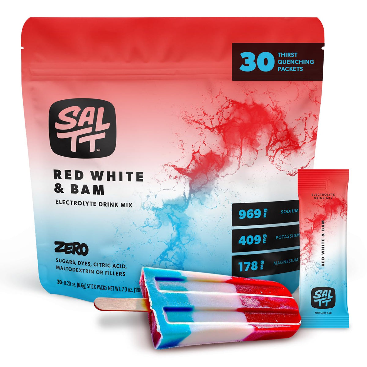 Ketochow SALTT red white bam packets for on-the-go hydration and tasty electrolyte replenishment.