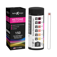 Keto-Mojo 150 ketone urine strip packaging aids travel readiness and organization.