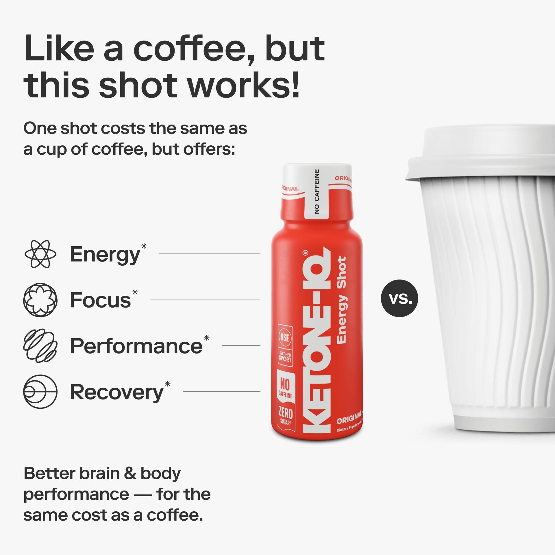 Ketone-IQ No Caffeine Shot glass illustrating clear energy without sugar.