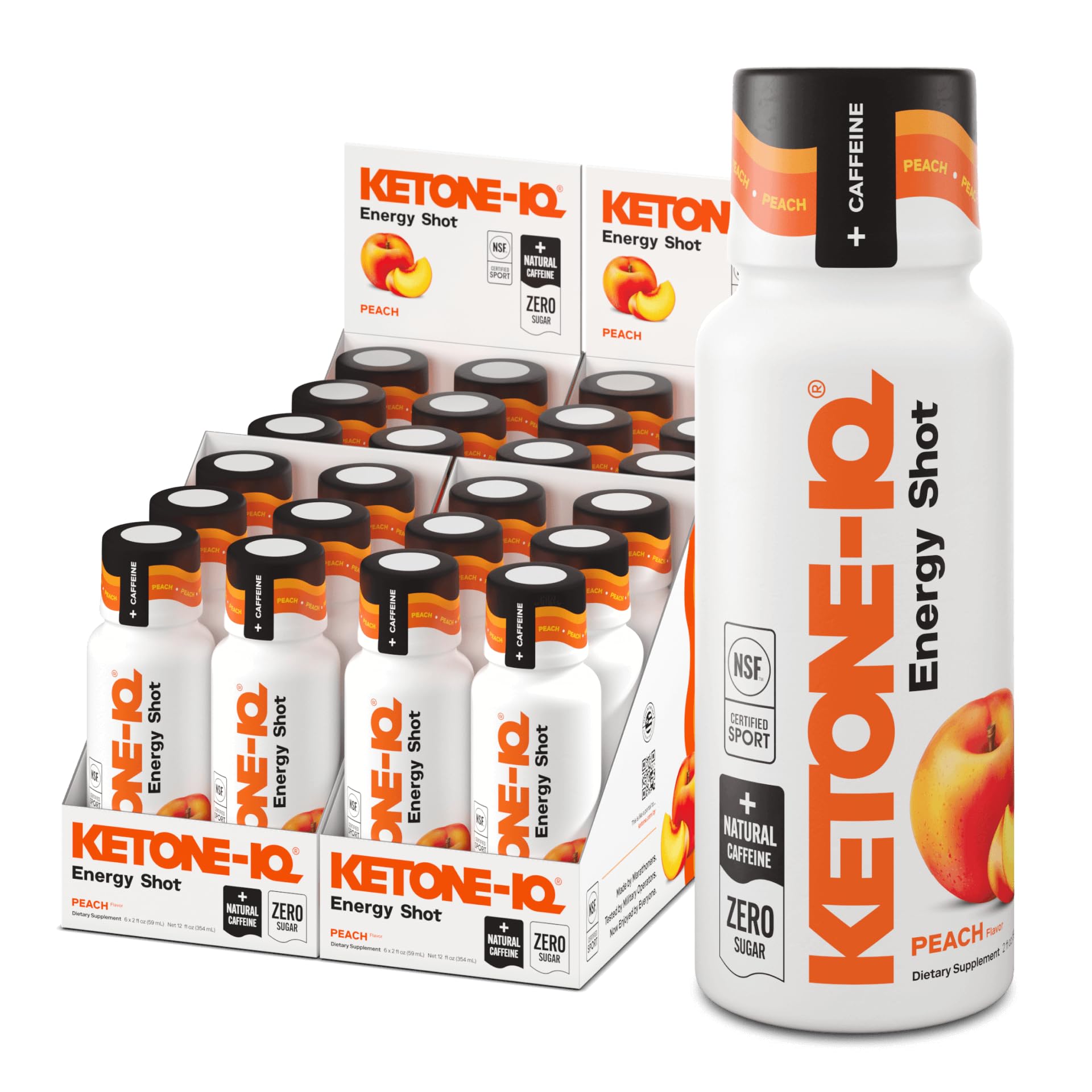 Ketone-IQ Peach energy shot bottle close-up for sustained focus