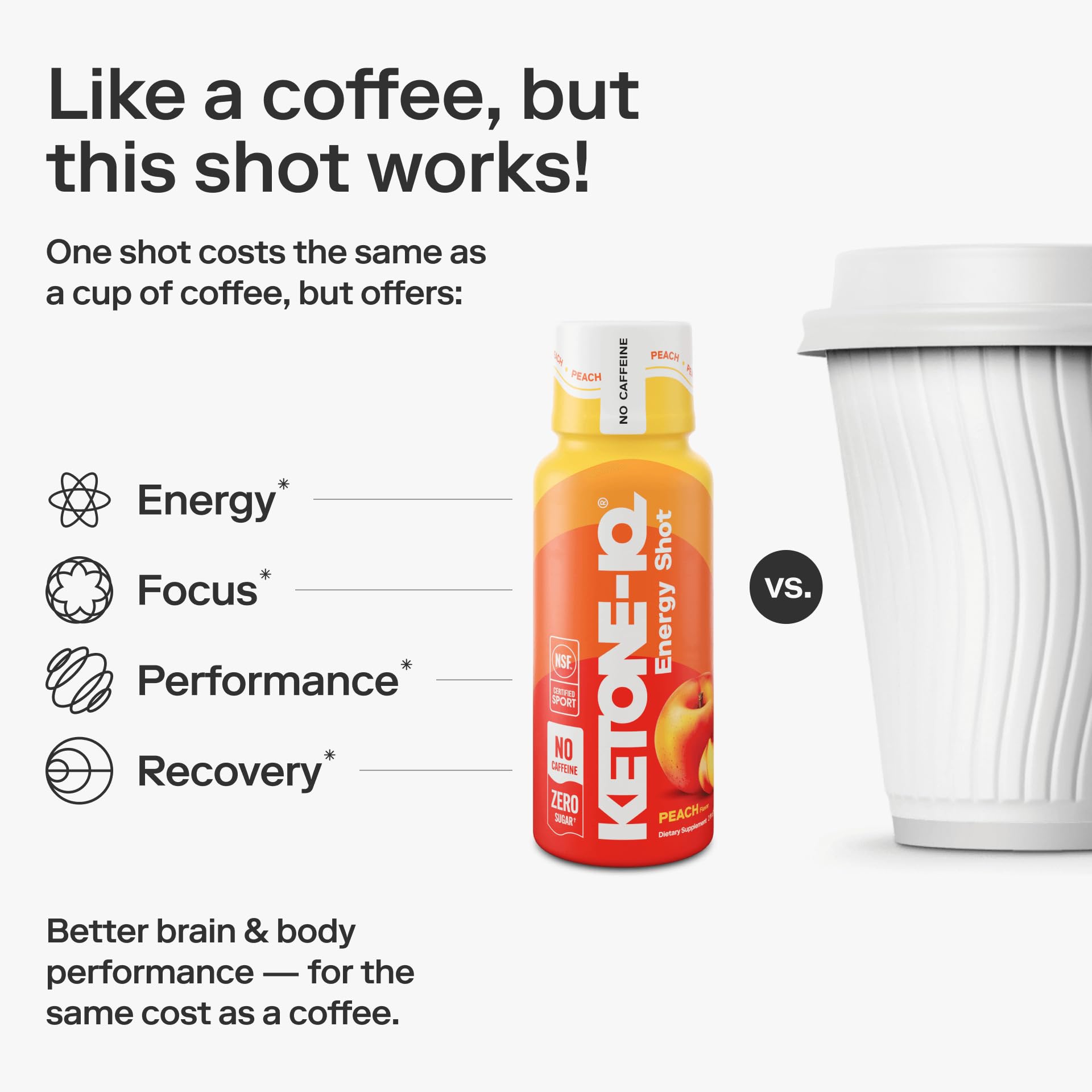 Vegan-friendly, gluten-free icons beside Ketone-IQ No Caffeine Shot