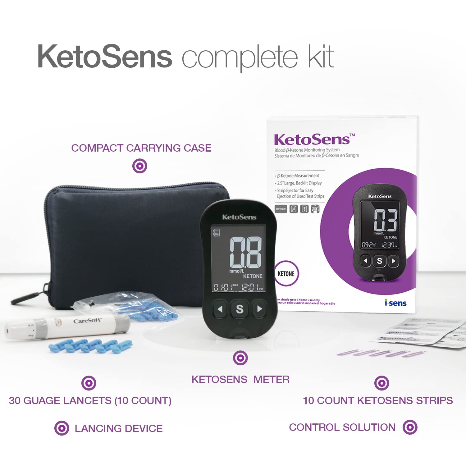 KetoSens lancing device shown for easy blood collection.