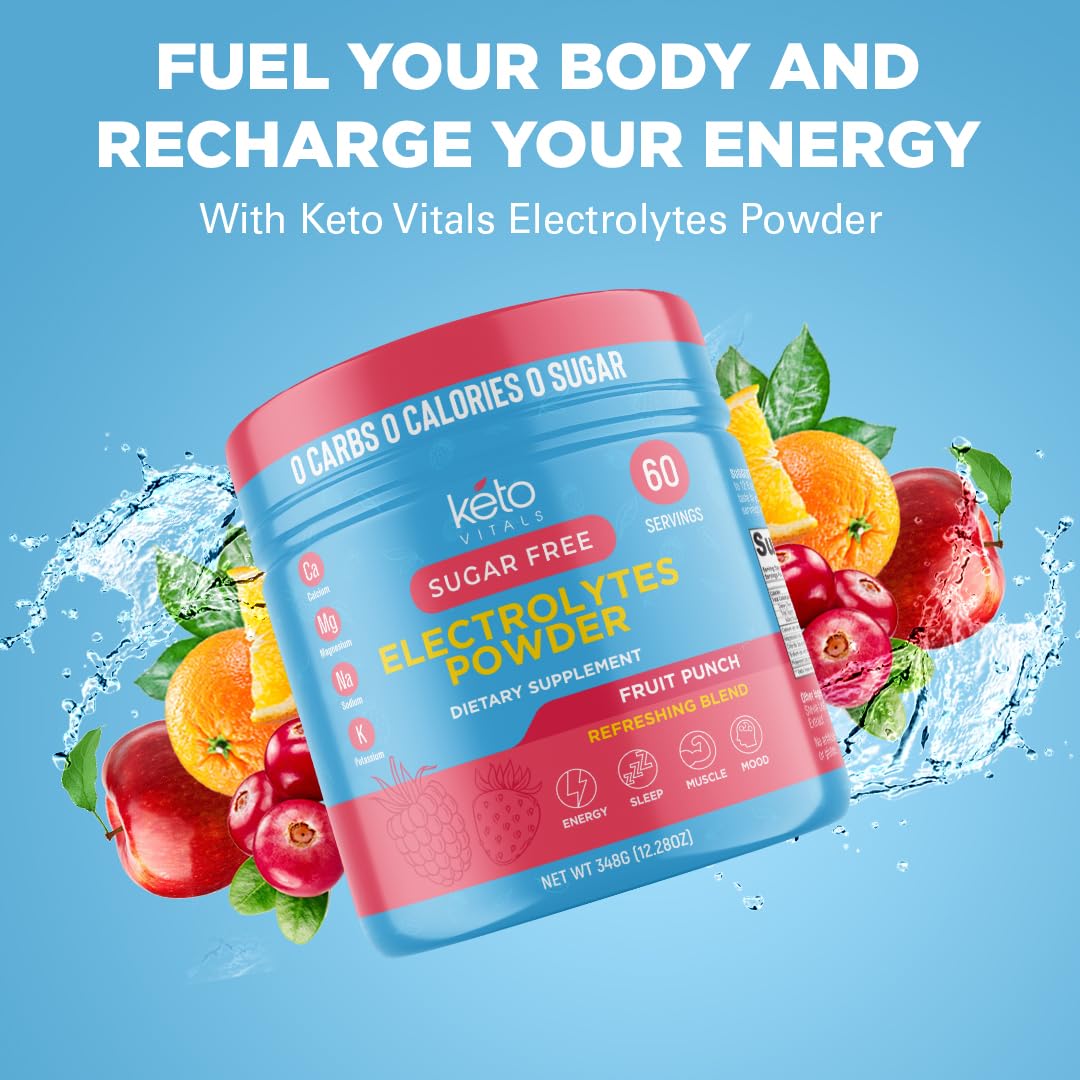 Keto Vitals Keto Electrolytes Powder zero calorie label highlighting sugar-free hydration.