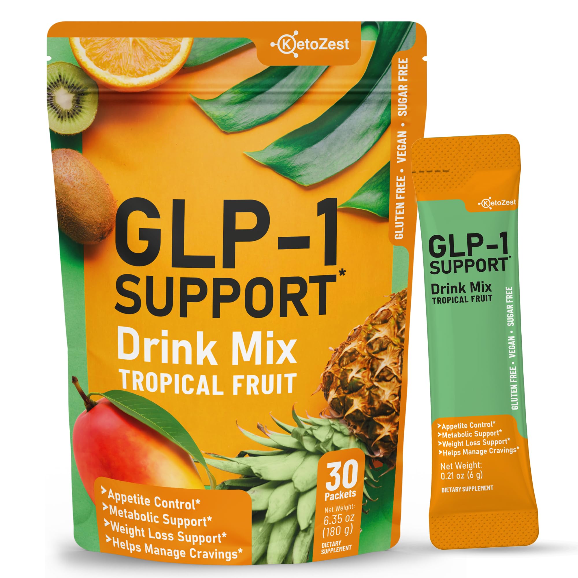 KetoZest GLP-1 Support Drink Mix bottle pour highlighting appetite control