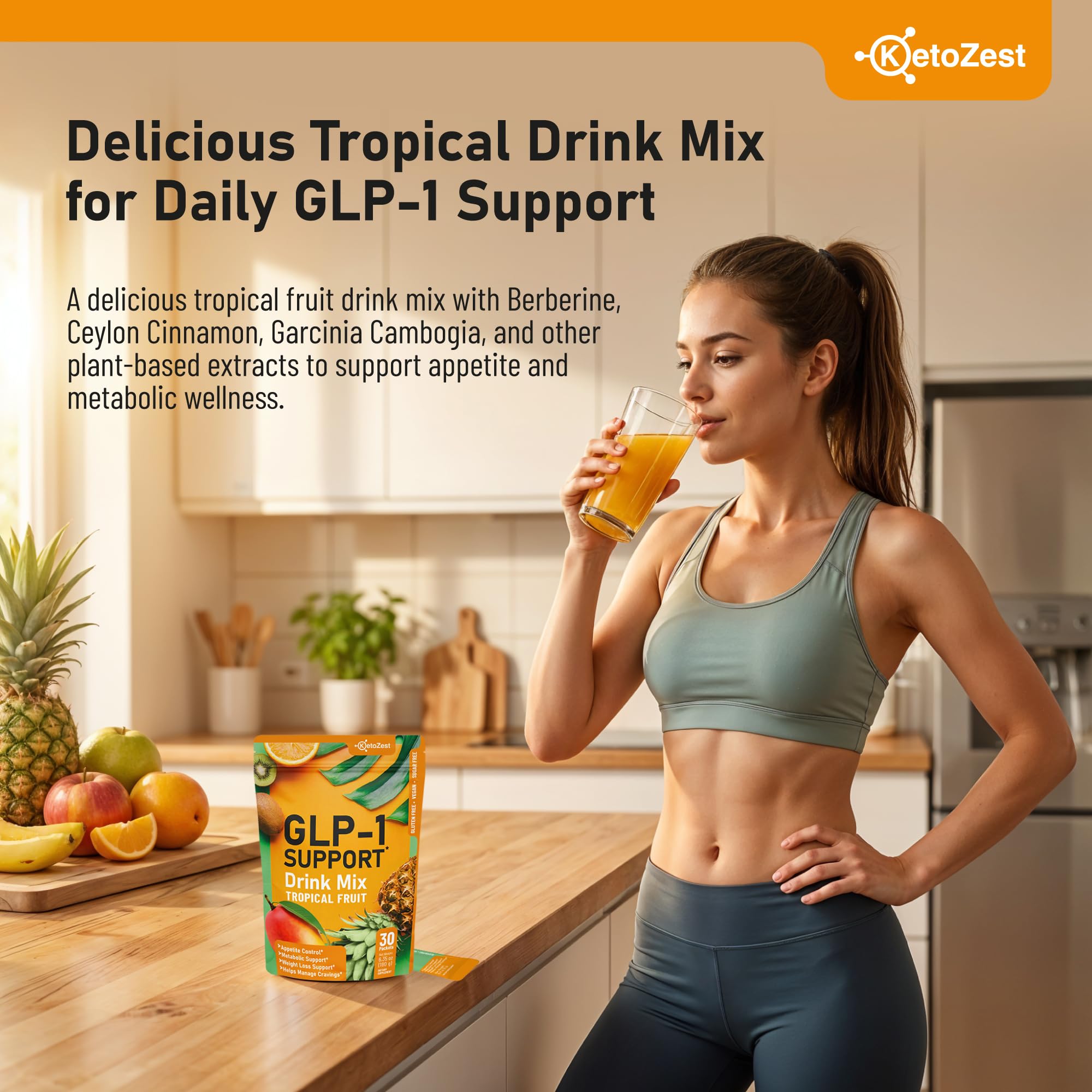KetoZest GLP-1 Support Drink Mix with glass, easy daily energy
