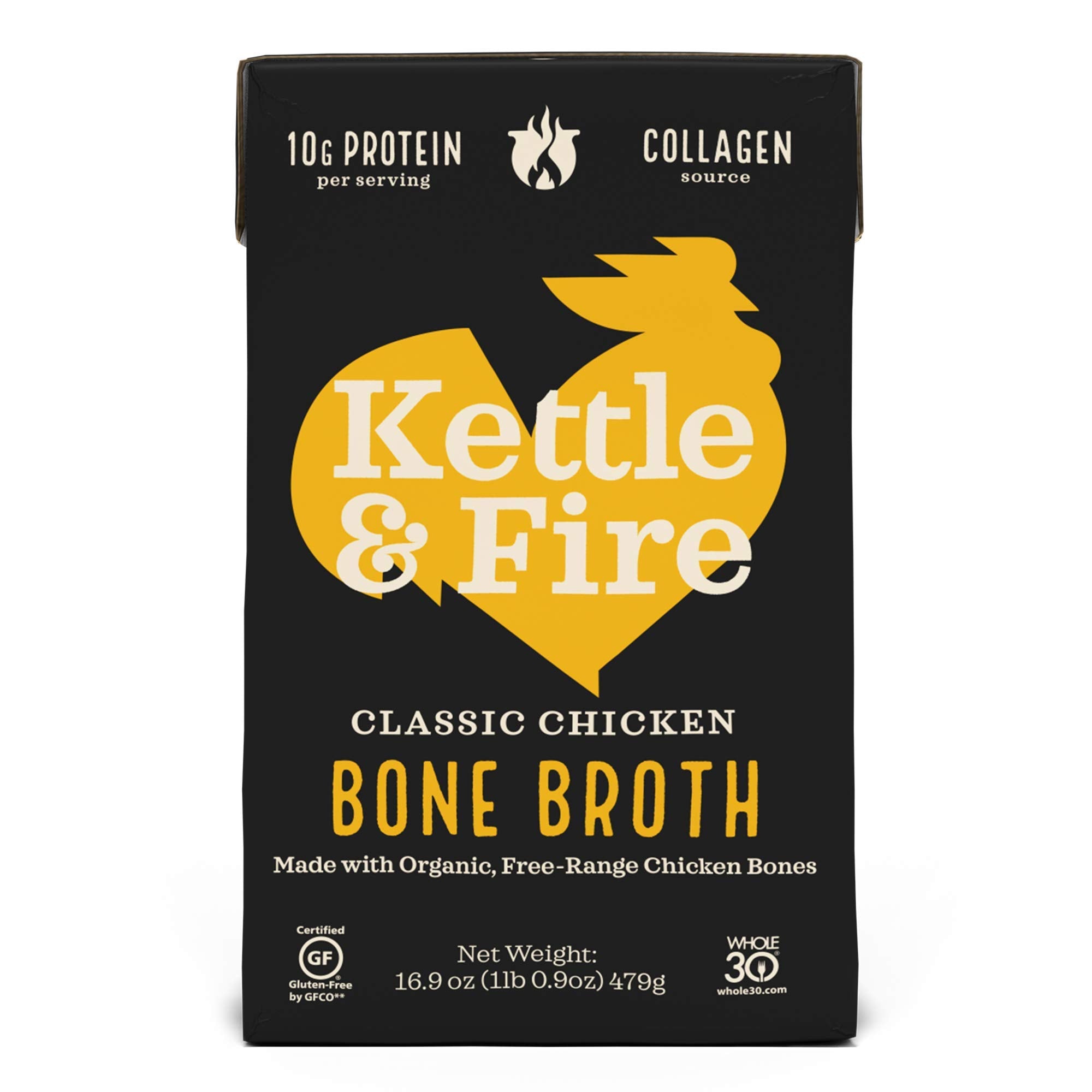 Kettle & Fire chicken bone broth bottle, ready to heat for quick, comforting sips.