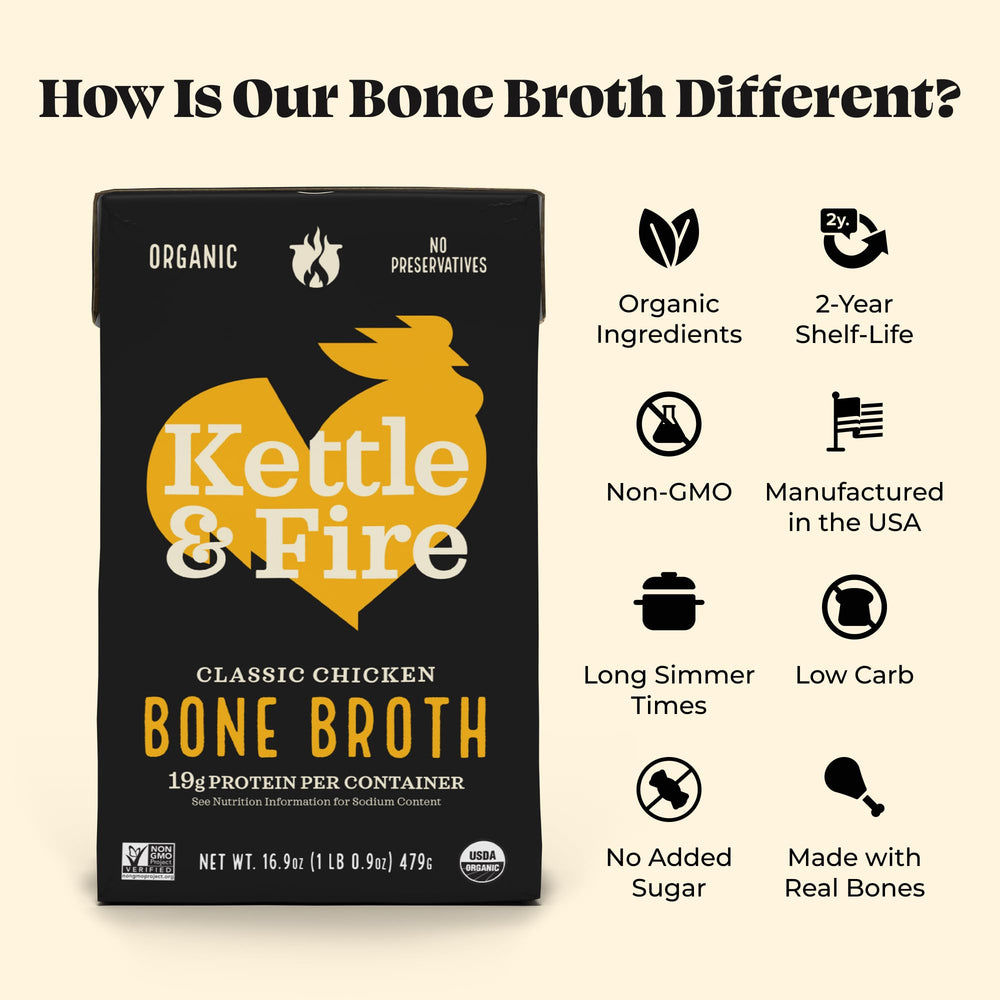 Kettle & Fire bone broth simmers, releasing aromatic herbs and spices.