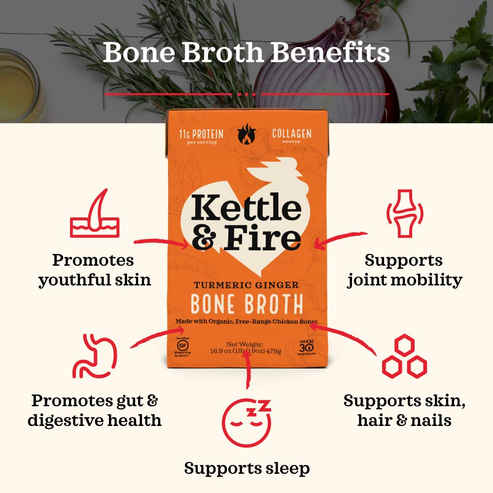 Kettle & Fire bone broth close-up highlights chicken bones and herbs.