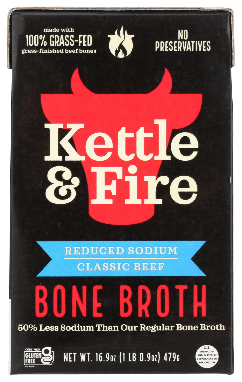 Kettle & Fire beef bone broth bottle pour highlighting reduced sodium and rich savory notes.