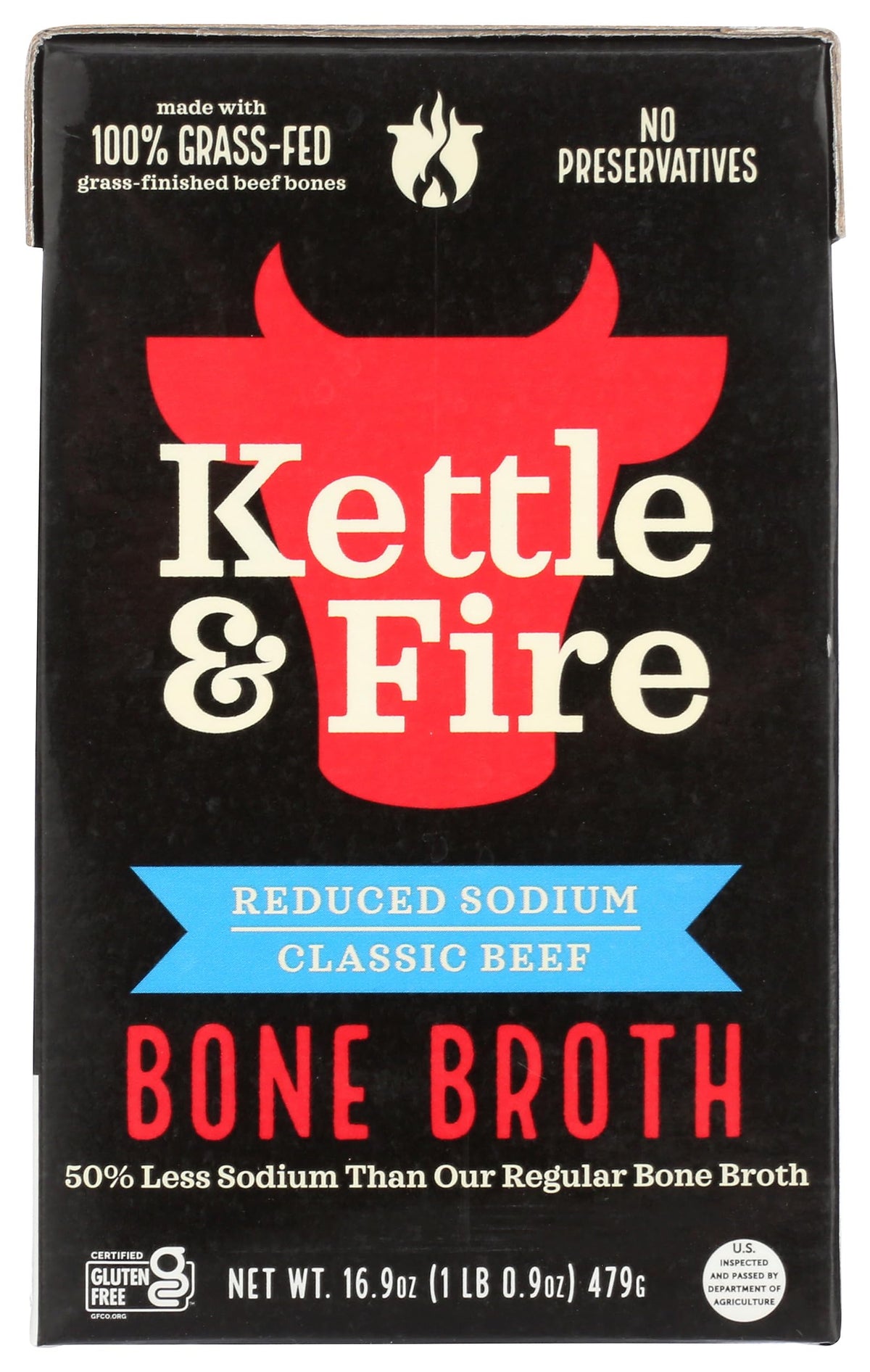 Kettle & Fire beef bone broth bottle pour highlighting reduced sodium and rich savory notes.