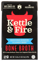 Kettle & Fire beef bone broth bottle pour highlighting reduced sodium and rich savory notes.