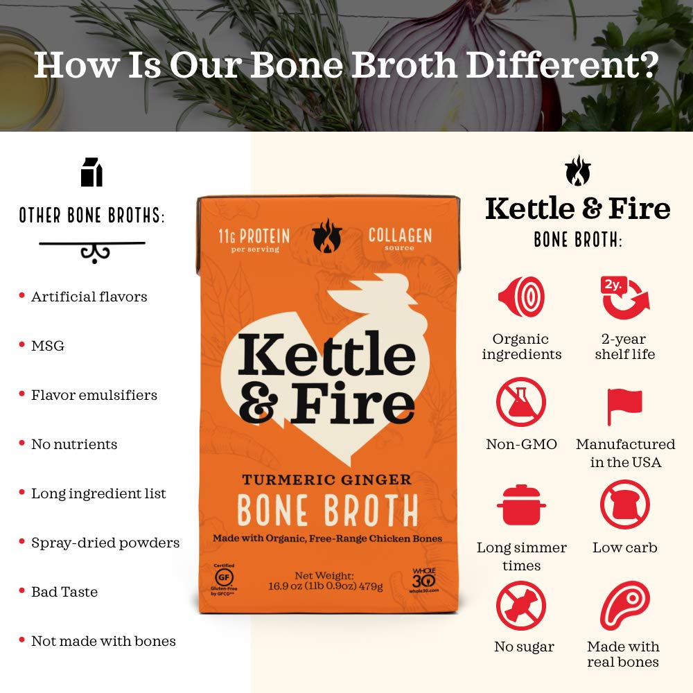 Kettle & Fire broth poured into a soup bowl with vegetables.