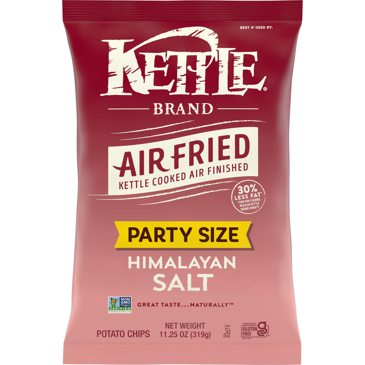 Kettle Brand Air Fried Himalayan Salt Chips in a bag, ideal for gatherings.