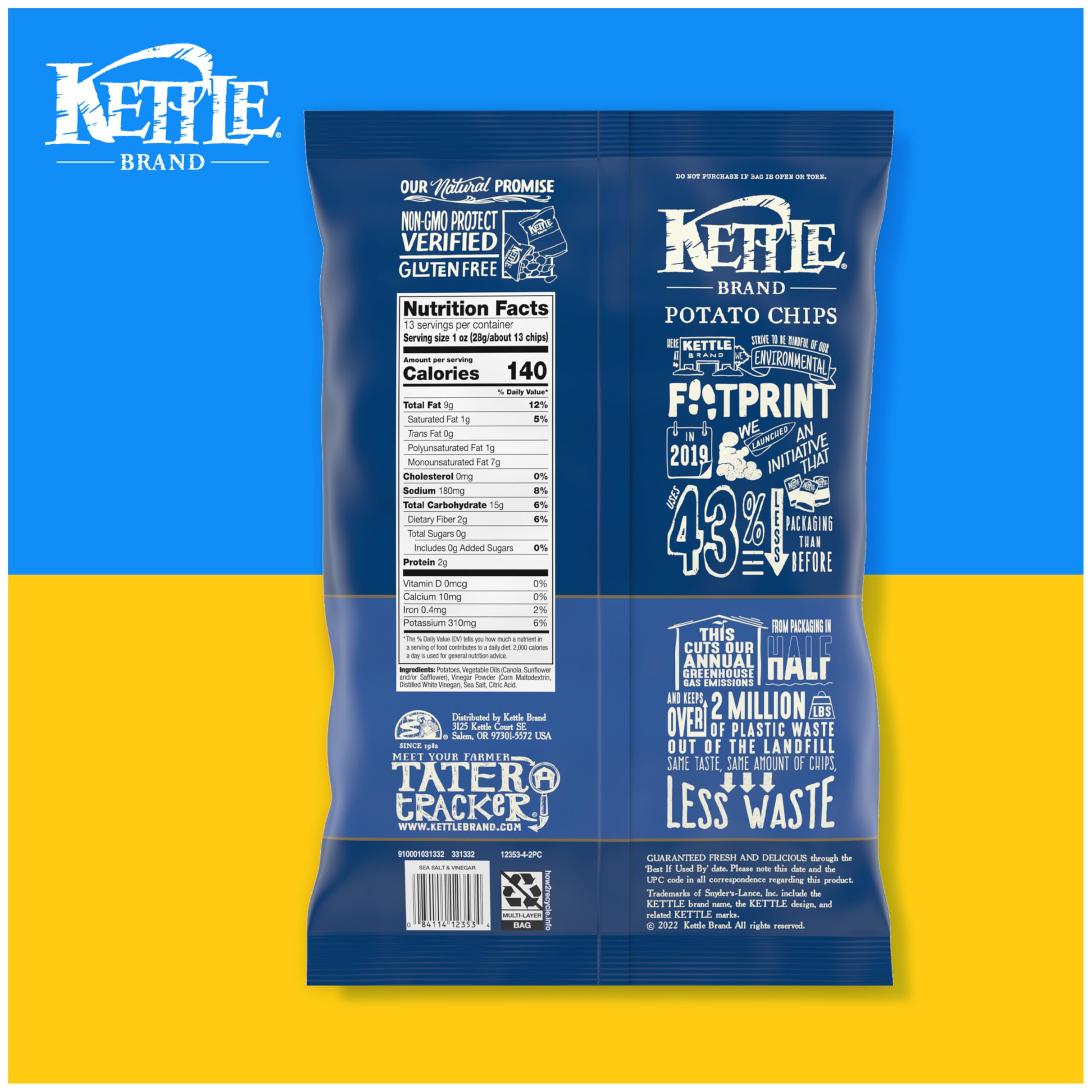 Kettle Brand Sea Salt & Vinegar chips with gluten-free certification badge.