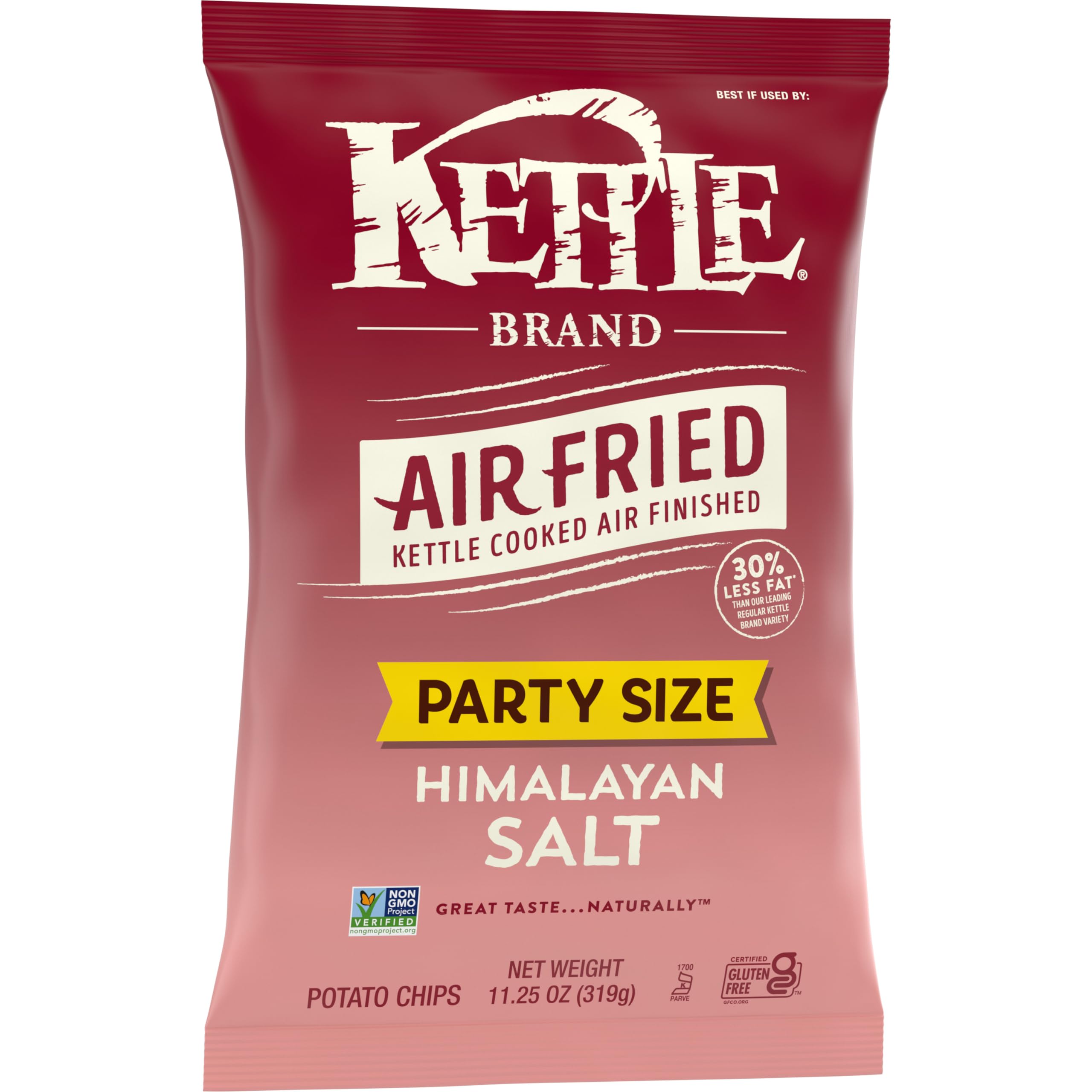Kettle Brand chips close-up with salt crystals highlighting premium flavor.