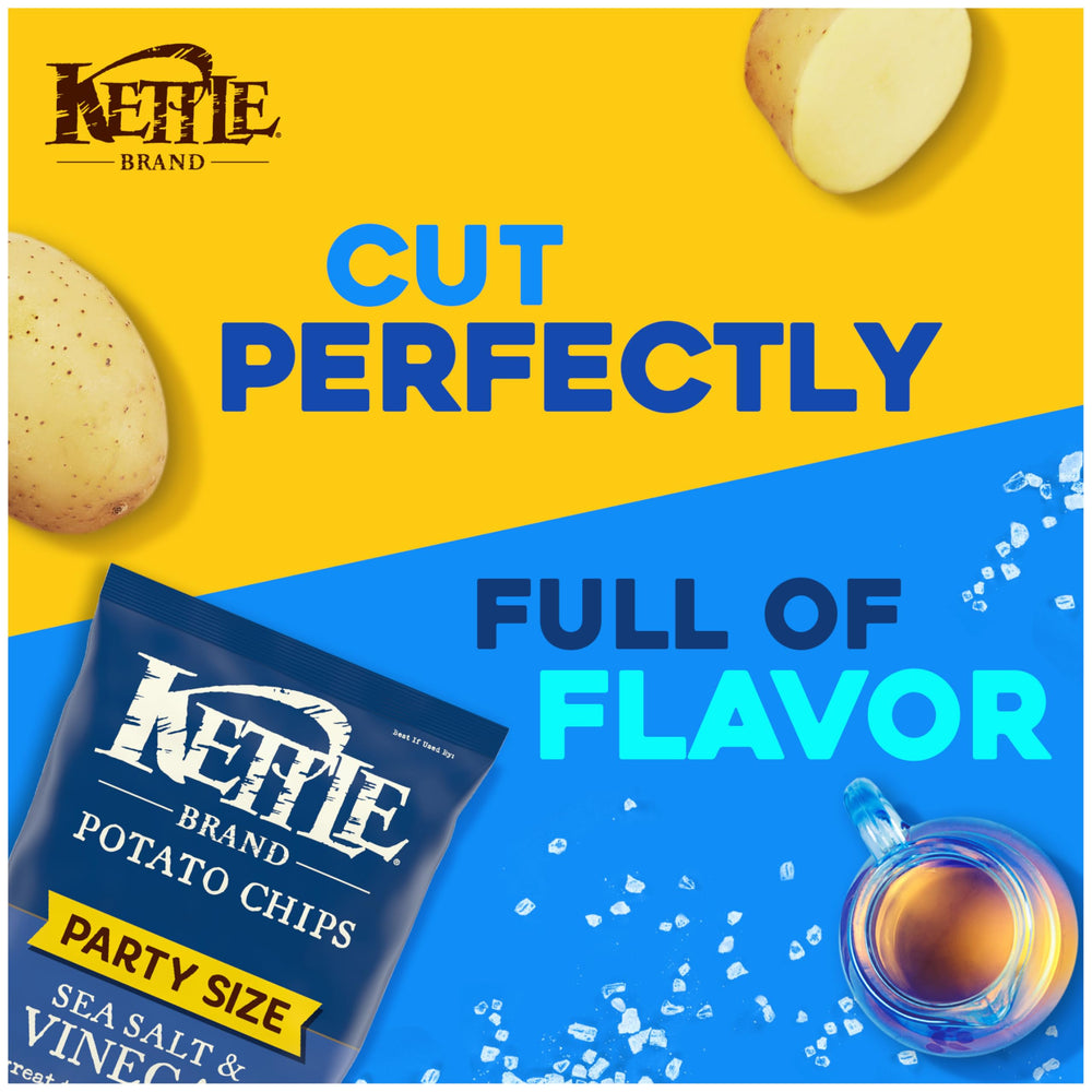 Close-up of Kettle Brand Sea Salt & Vinegar chips showing crisp texture and tangy flavor.