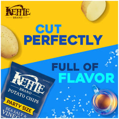 Close-up of Kettle Brand Sea Salt & Vinegar chips showing crisp texture and tangy flavor.