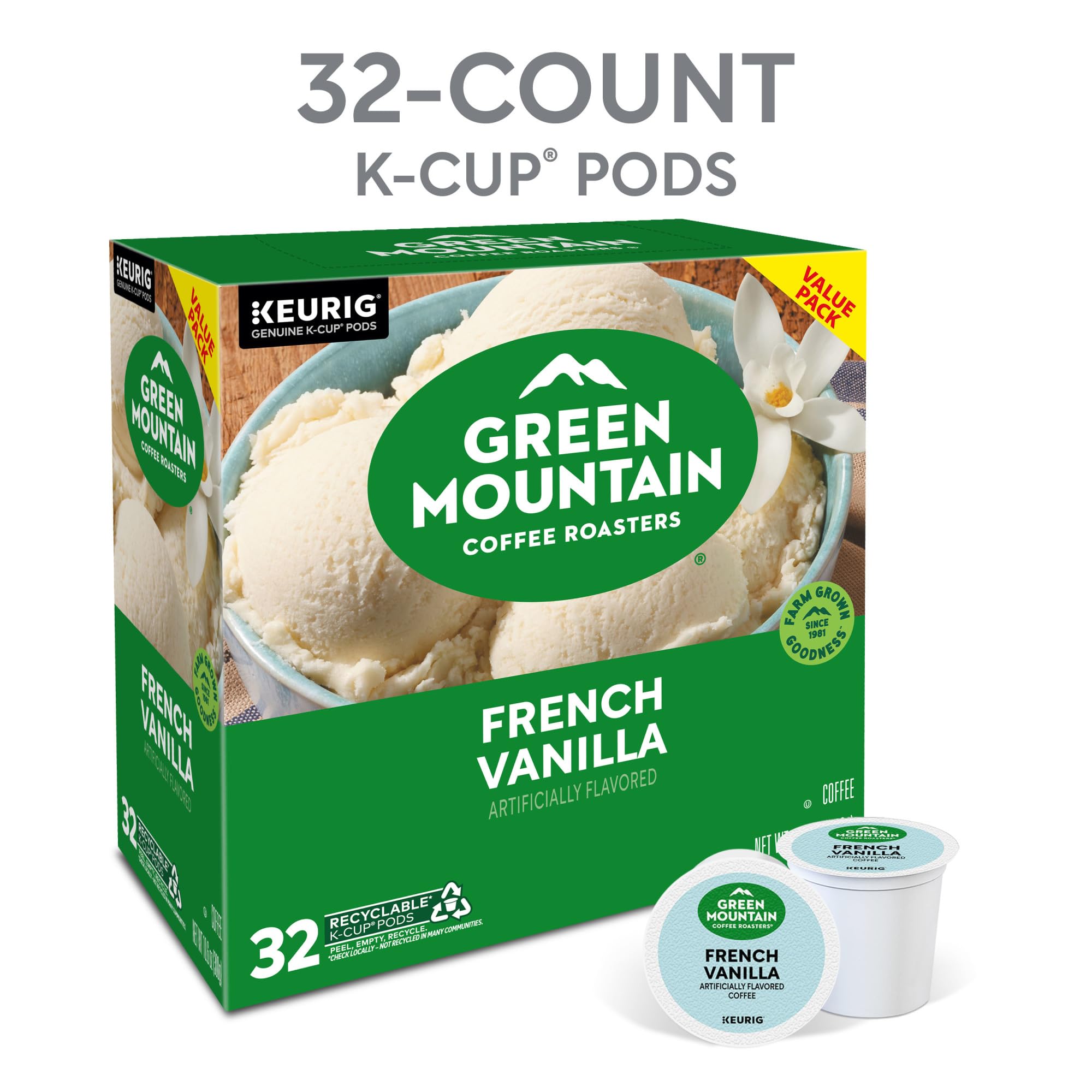 Keurig brew with Green Mountain French Vanilla delivers quick flavor at home.