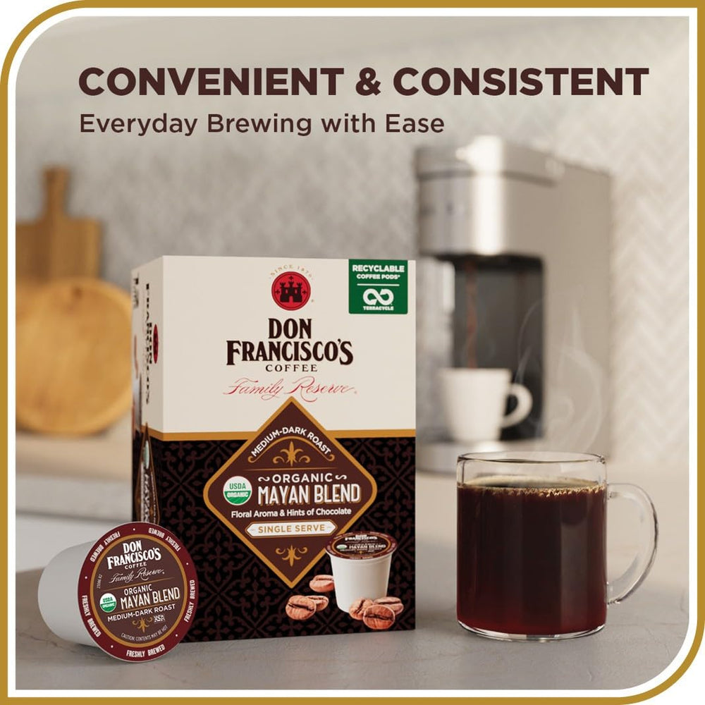 Keurig-compatible Don Francisco's Mayan Blend pods brewing for fast, consistent cup