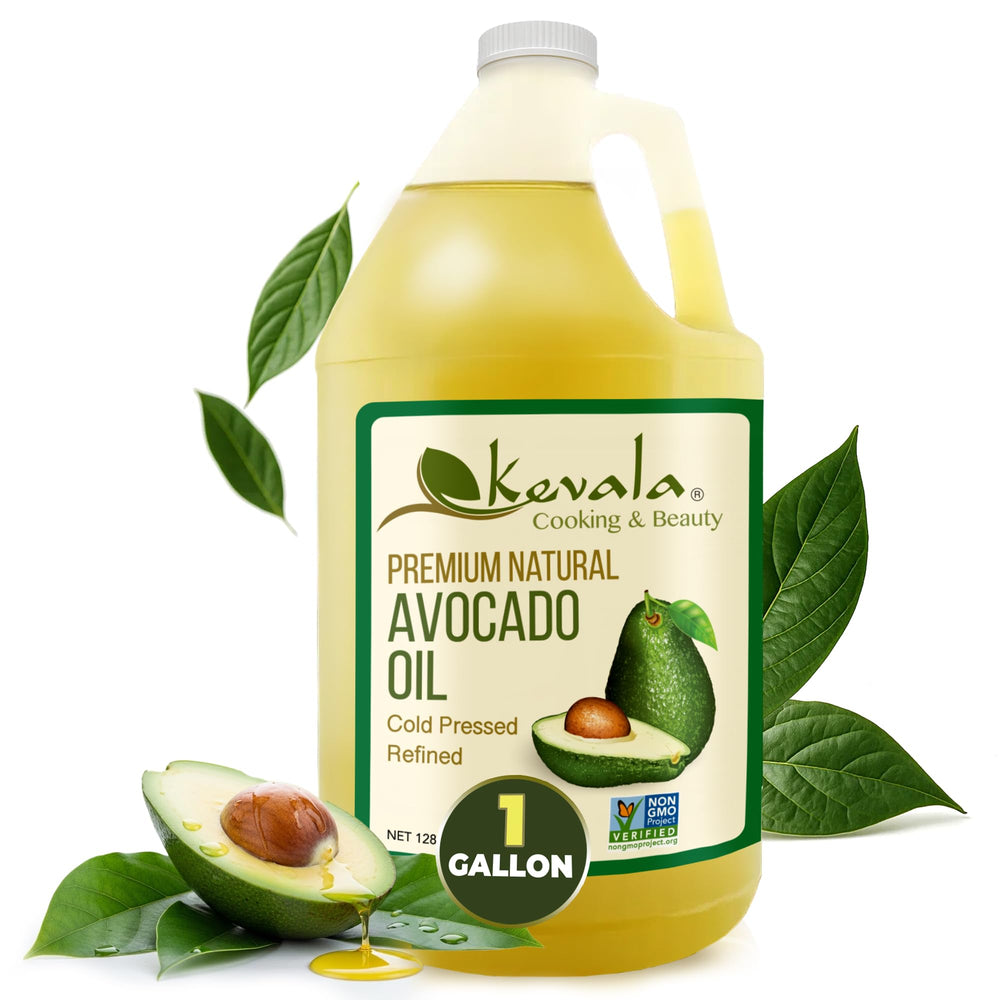 Kevala Avocado Oil bottle front, emphasizing cold pressed purity for versatile cooking.