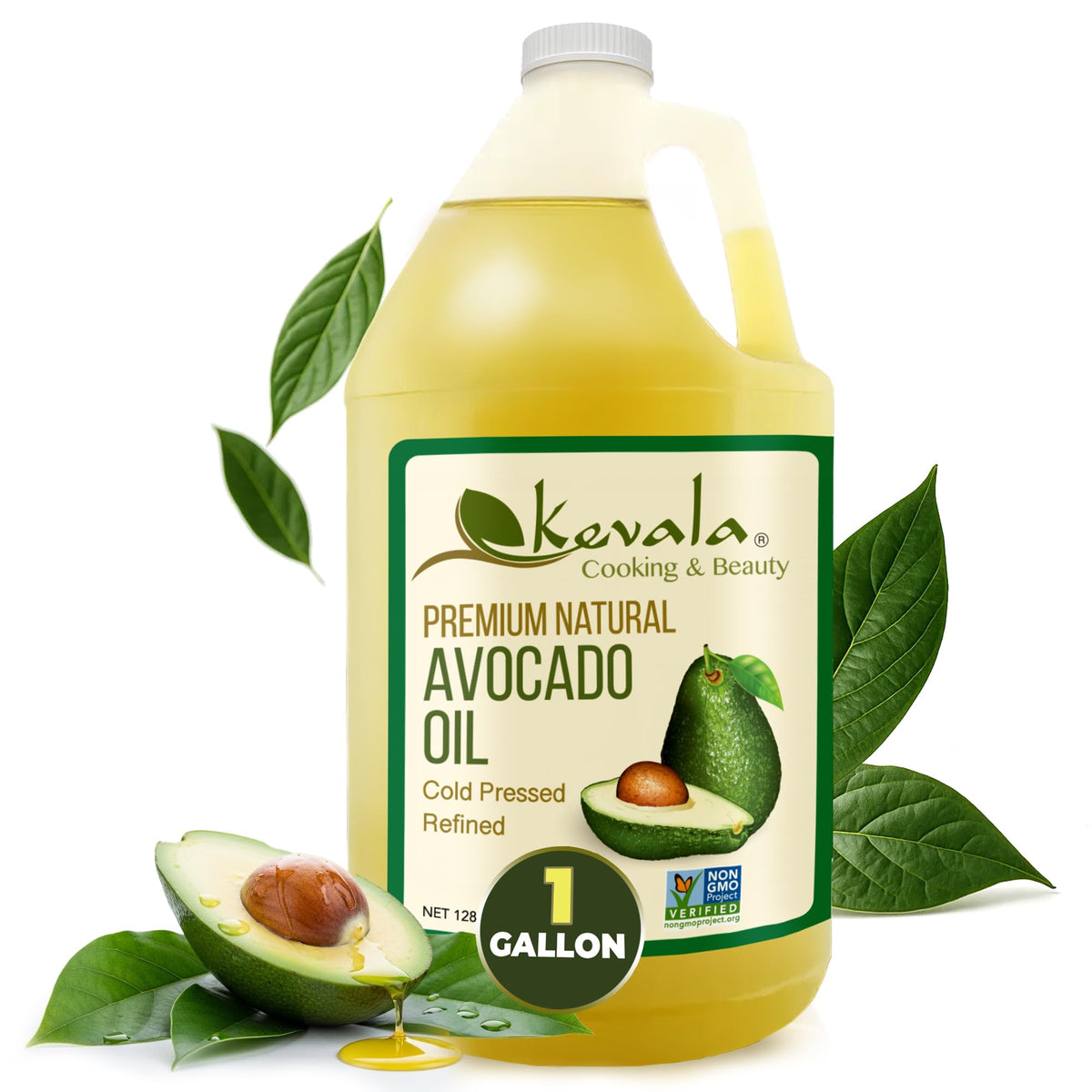 Kevala Avocado Oil bottle front, emphasizing cold pressed purity for versatile cooking.