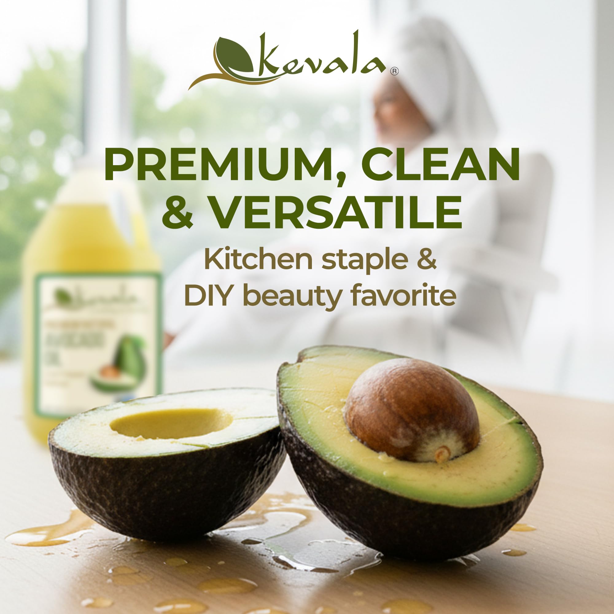 Kevala Avocado Oil seals indicate Non-GMO and Kosher certification.