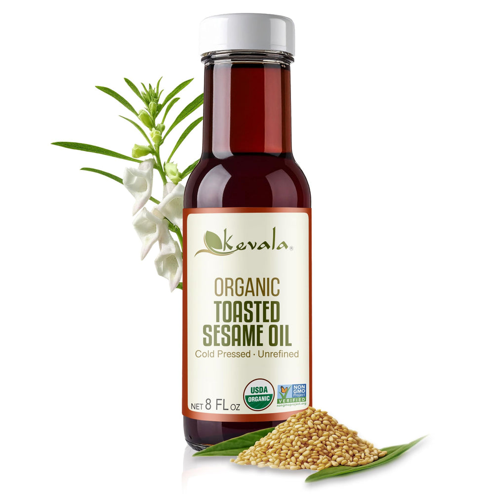 Kevala Organic Toasted Sesame Oil bottle closeup reveals rich, nutty aroma for cooking