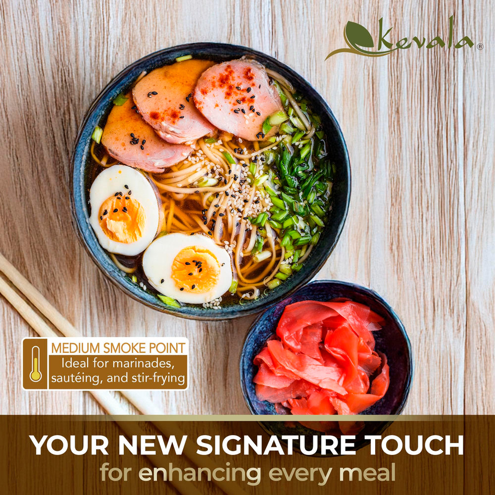 Kevala Organic Toasted Sesame Oil kitchen scene with vegetables and tofu