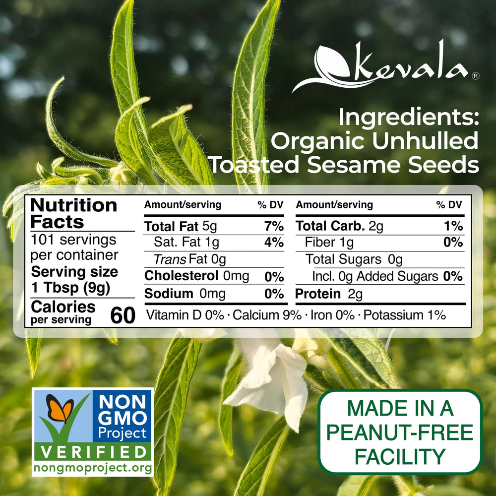 Close-up of Kevala toasted sesame seeds showing rich texture for cooking.