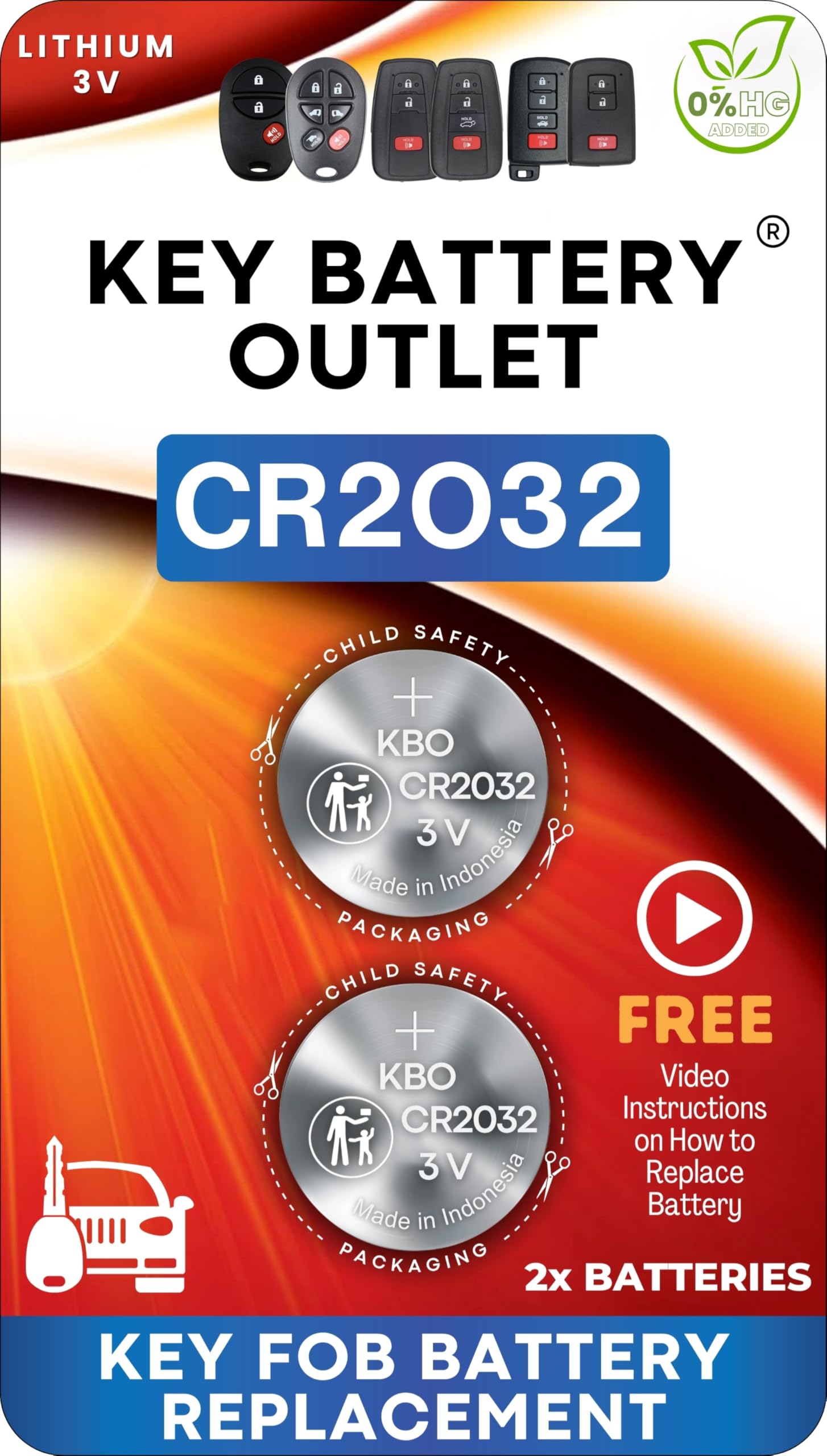 Key Battery Outlet CR2032 2-pack with installation video for easy key fob replacement.