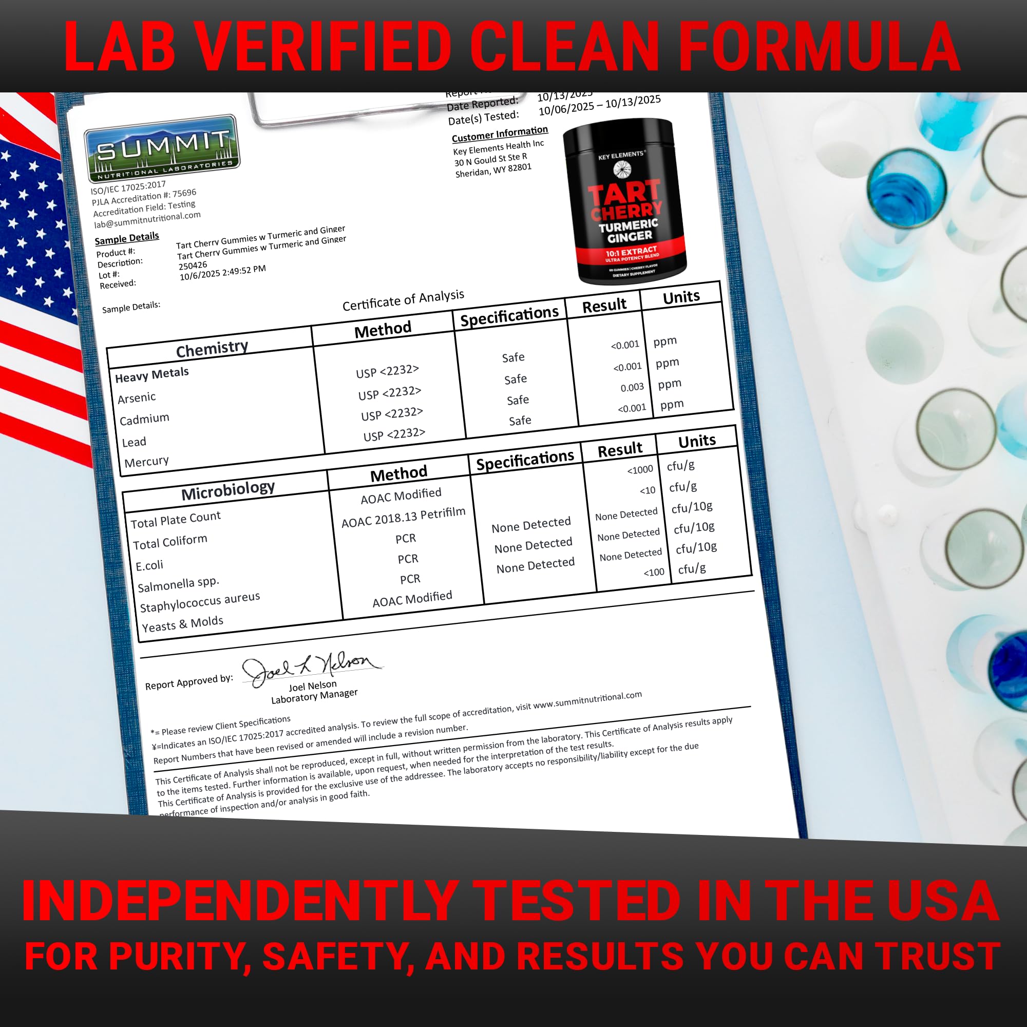 Key Elements Tart Cherry Gummies bottle back label shows ingredients for antioxidant support