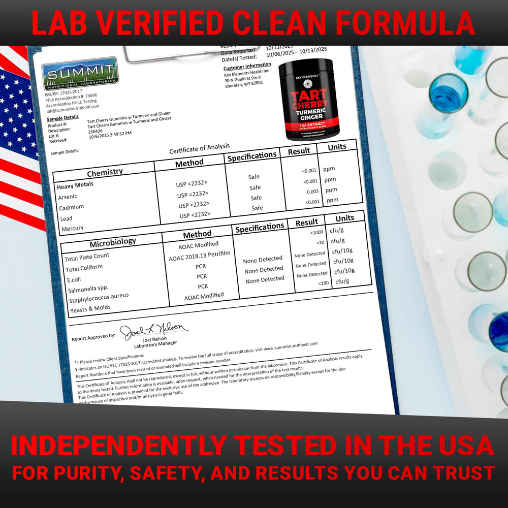 Key Elements Tart Cherry Gummies bottle back label shows ingredients for antioxidant support