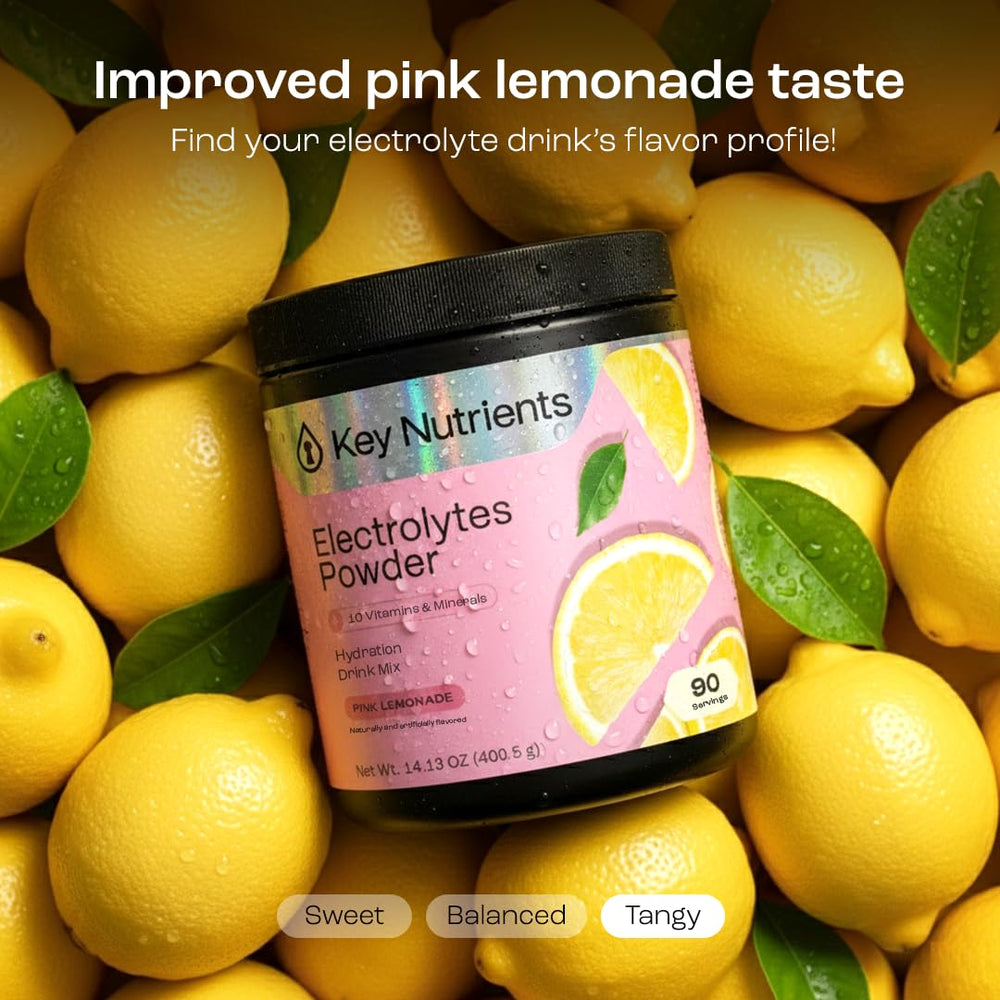 KEY NUTRIENTS pink lemonade glass presents a refreshing, zero-calorie drink after workouts.